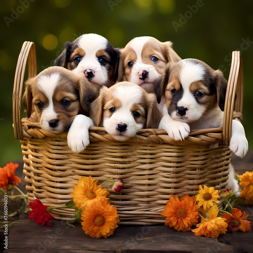 Playful puppies in a basket. 