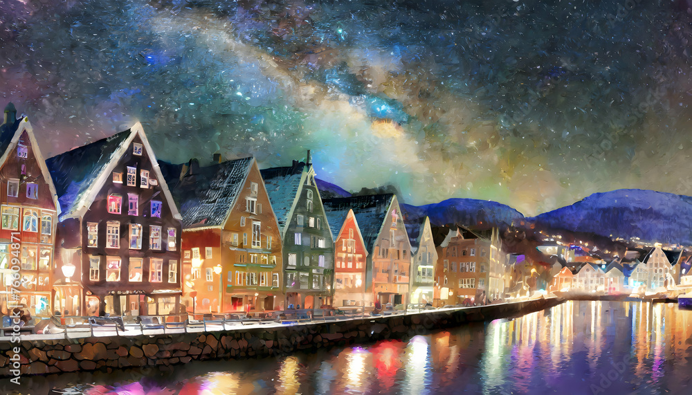 Abstract Scenic view of Panorama of historical buildings of Bergen in winter under night on digital art concept, Generative AI.