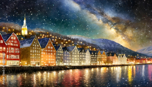 Abstract Scenic view of Panorama of historical buildings of Bergen in winter under night on digital art concept, Generative AI.