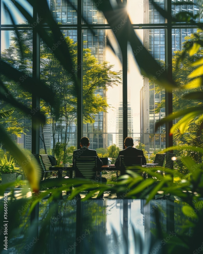 Serene image of two businessmen on a bench amidst lush greenery in a modern glass building with sunlight streaming through Serene image of two businessmen on a bench amidst lush greenery in a modern glass building with sunlight streaming through