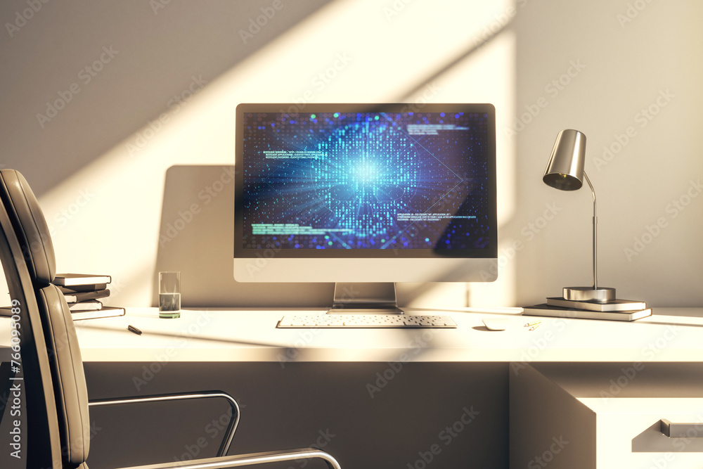 Modern computer monitor with creative code skull hologram. Malware and cyber crime concept. 3D Rendering Modern computer monitor with creative code skull hologram. Malware and cyber crime concept. 3D Rendering