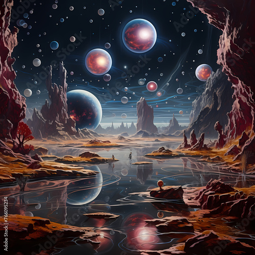 Surreal floating orbs in a cosmic landscape.