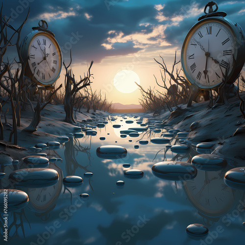 Surreal melting clocks in a dreamlike landscape. 