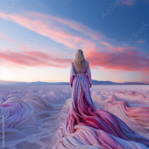 A blonde woman wearing a flowing dress appears to be walking through a dreamscape of surreal, pastel-colored hills