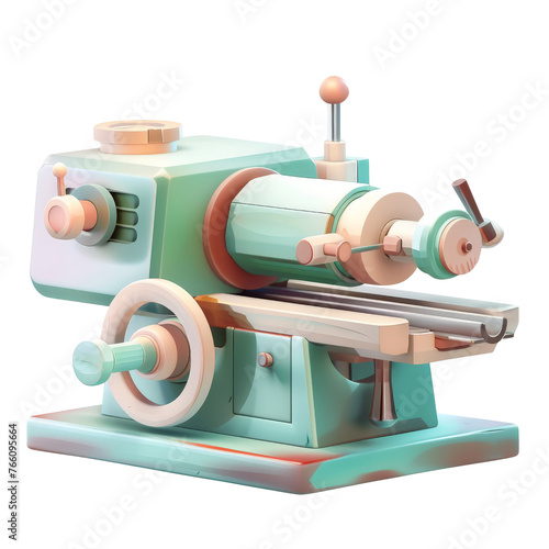 3D render of metal lathe machine isolated on transparent background, cut out, png, industrial concept photo