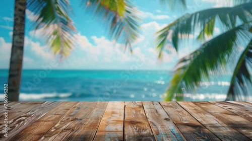 wooden table with a blurred background of sea and coconut tree