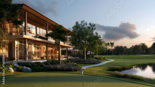 A serene evening view of a luxurious home adjoining a tranquil golf course, with reflections in a water body © punniix