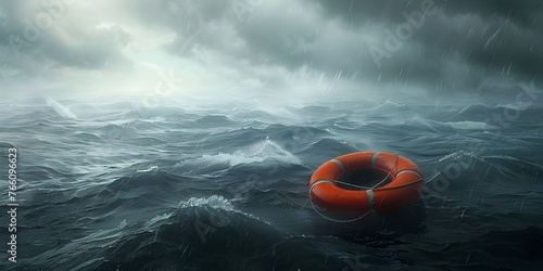 Lifebuoy Adrift in Stormy Seas Seeking Financial Rescue,Conceptual of Crisis and Survival photo