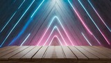 Ethereal Radiance: Glowing Pink and Blue Neon Light Background with Wooden Plank Product