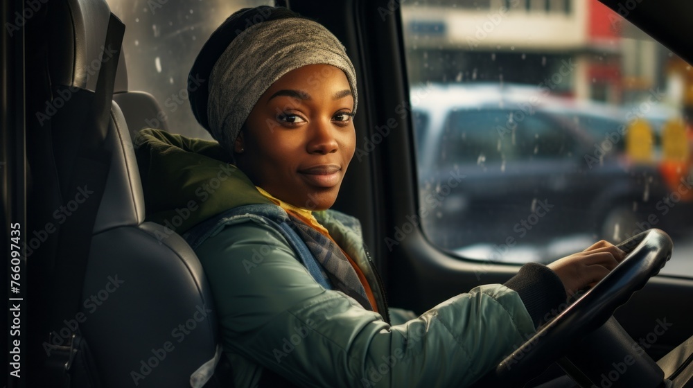 A woman is driving a car and wearing a hat A woman is driving a car and wearing a hat