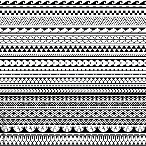 Set of maori polynesian tattoo line bracelets border. Tribal sleeve seamless pattern vector. Samoan bracelet tattoo design fore arm or foot.
