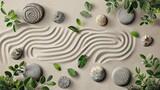 Zen garden with rocks check out from above of beige sand including green plants and traverse patterns  and space, Generative AI.
