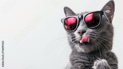 Funny grey cat portrait with copy space on a white background  licking his nose while wearing sunglasses