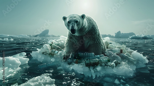 A polar bear sits atop an iceberg, surrounded by a sea of rubbish ice. 