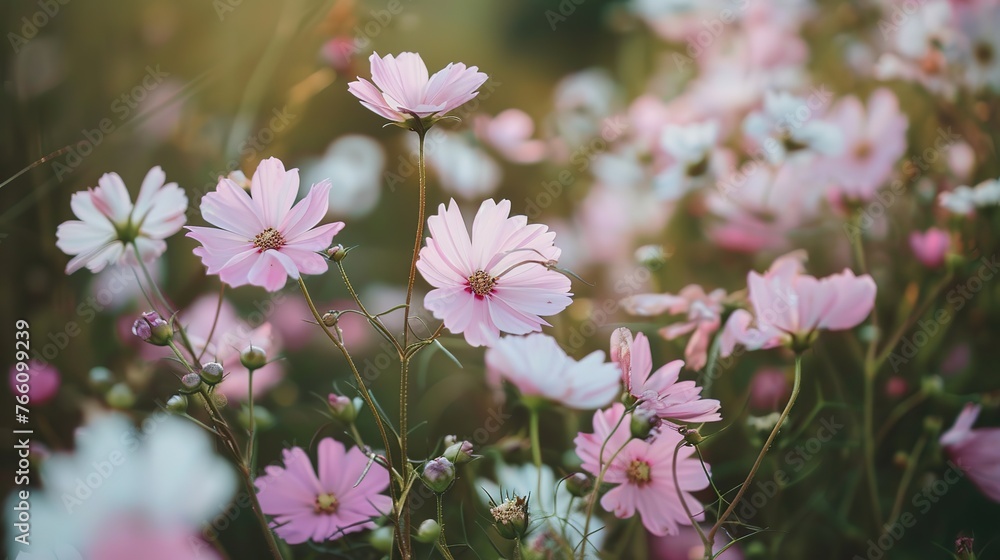 Delicate pink and white flowers in garden ,Generative ai, 