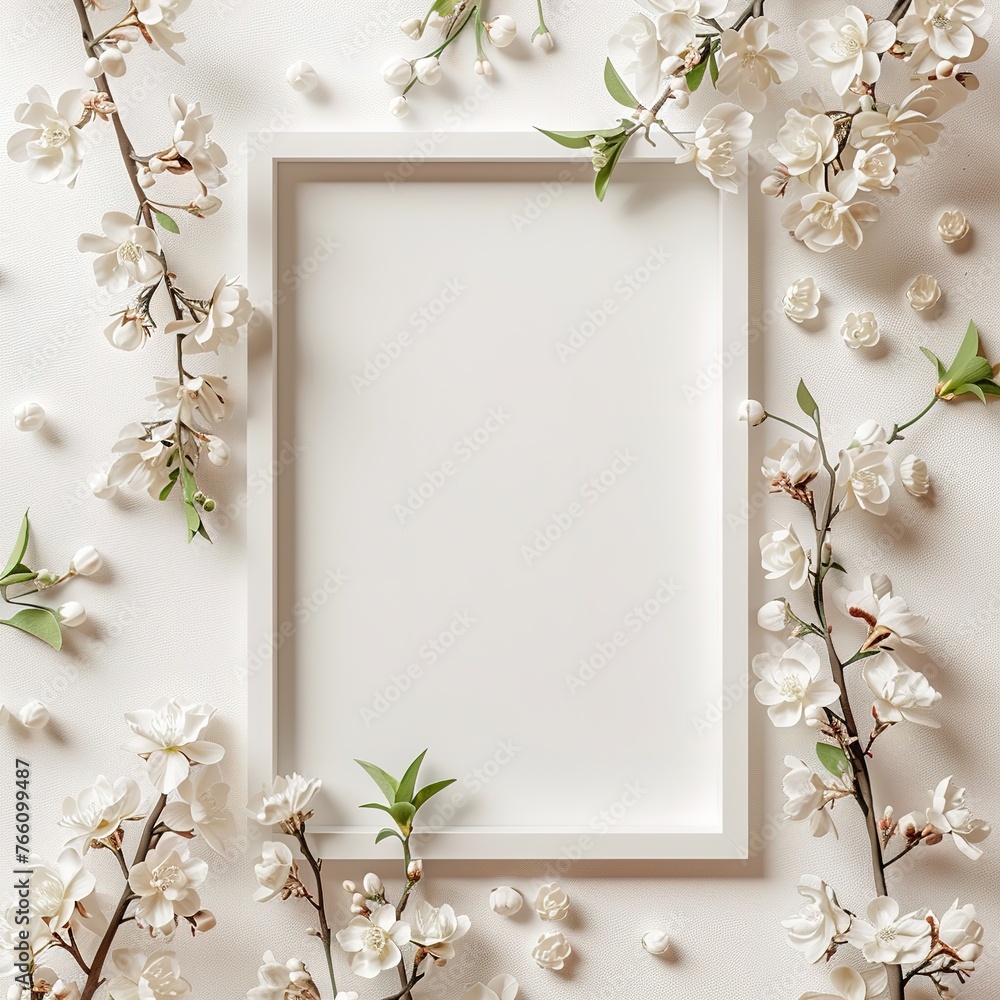 Flat lay frame with white flowers and background ,Generative ai, Flat lay frame with white flowers and background ,Generative ai,
