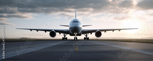 Panorama Sunset Flight: Airplane Soaring Over Airport Runway photo