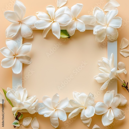 Flat lay frame with white flowers and background ,Generative ai,