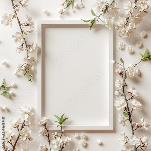 Flat lay frame with white flowers and background  ,Generative ai, © irvan