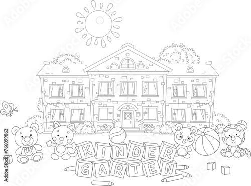 Funny toys with cute cartoony baby animals and bricks in front of a pretty kindergarten with trees and bushes on a sunny day, black and white outline vector illustration for a coloring book