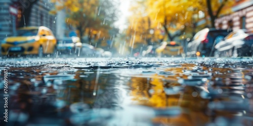 Rainy Day on a City Street with Reflections