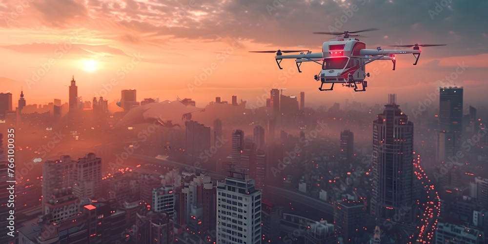 Futuristic Drone Delivering Emergency Medical Aid Over Illuminated City Skyline at Sunset Futuristic Drone Delivering Emergency Medical Aid Over Illuminated City Skyline at Sunset