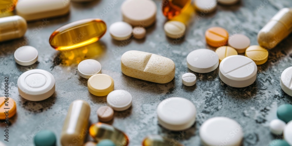 Assorted Medication Pills on Textured Surface Assorted Medication Pills on Textured Surface