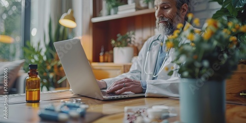 Telemedicine Consultation on Laptop in Comfortable Home Office Environment for Remote Healthcare and Medical Support