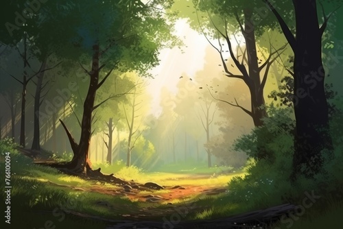 Forest s Daylight Journey  Sun Kisses the Treetops as Morning Mist Gives Way to Evening Glow