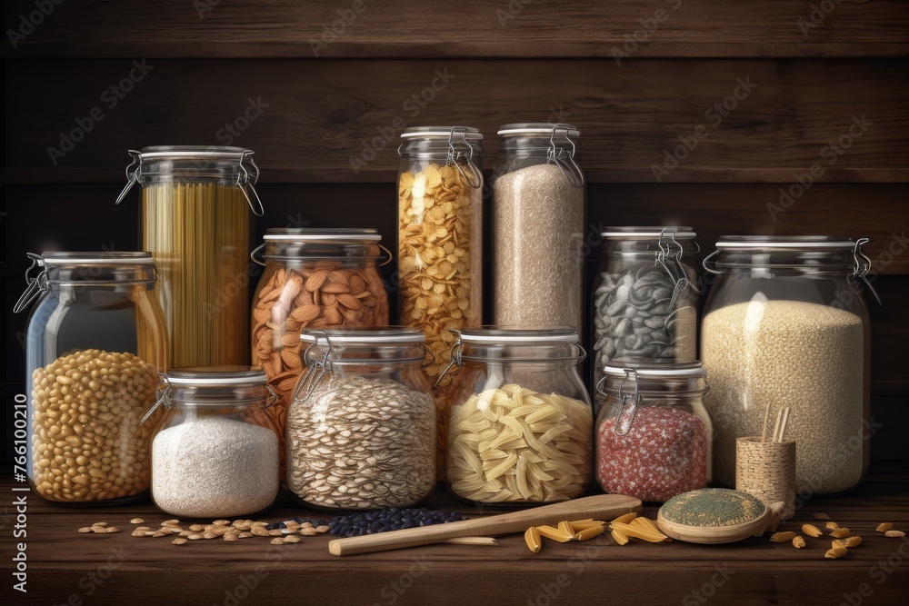 Assorted spices and herbs in glass jars on a wood background, ingredient, food recipes Assorted spices and herbs in glass jars on a wood background, ingredient, food recipes