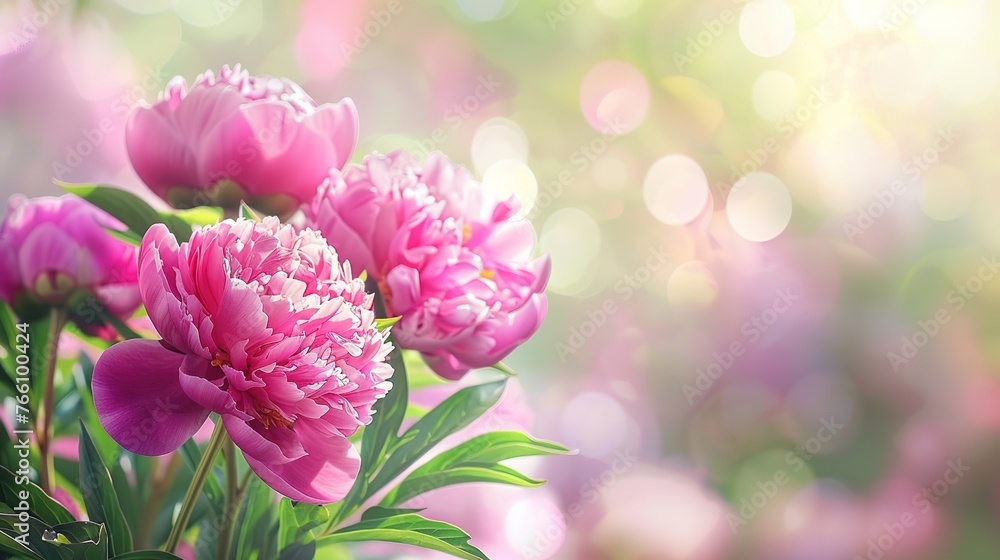 Pink peony with green leaves on blurry bokeh background landscape with peonies field peonies field in spring ,Generative ai, Pink peony with green leaves on blurry bokeh background landscape with peonies field peonies field in spring ,Generative ai,