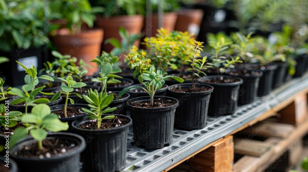 Plants in pots on sale at the local garden center. Plants in pots on sale at the local garden center.