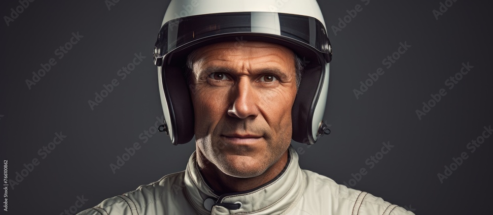 A man in a white jacket and helmet is facing the camera, wearing sports gear and personal protective equipment. His outfit includes a helmet, jersey, and hat, with a few wrinkles on the clothing A man in a white jacket and helmet is facing the camera, wearing sports gear and personal protective equipment. His outfit includes a helmet, jersey, and hat, with a few wrinkles on the clothing