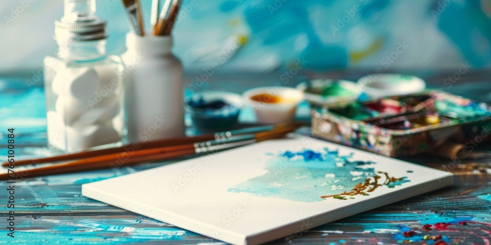 Artist's Workspace with Paints and Canvas