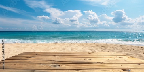 Tropical Beach with Wooden Walkway and Blue Sky