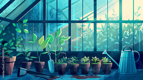 A greenhouse with small seedlings, a shovel and a watering can. Spring time banner.