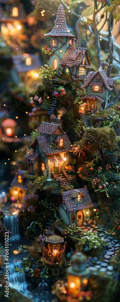Create a mesmerizing high-angle view of whimsical fairy villages nestled deep in enchanting forests Capture the tiny colorful cottages, sparkling streams, and glowing fairy lights to evoke