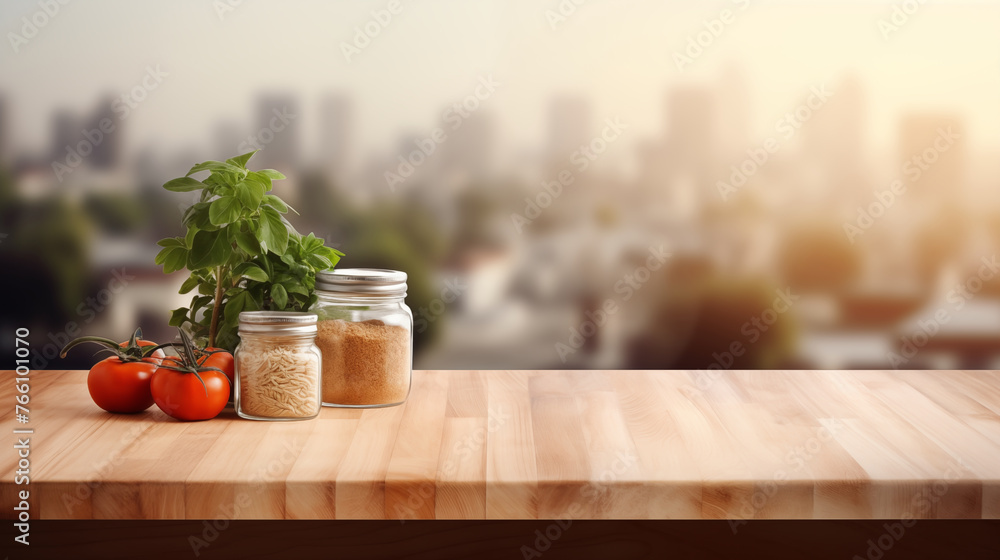 Wooden table foreground over the blurred kitchen interior background Wooden table foreground over the blurred kitchen interior background