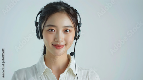 Call center, A Chinese female and smile in contact us with CRM, headset with mic and mockup space. Customer service, happy female and telemarketing with sales and help desk. gray