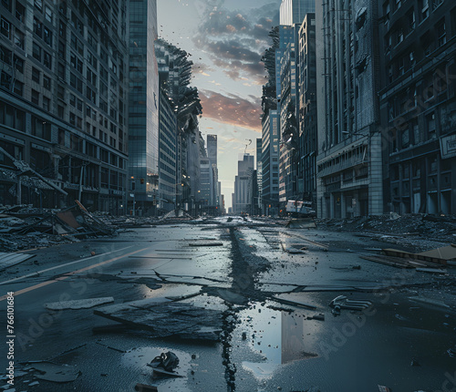 Empty street of burnt up city. Apocalyptic view of city downtown as disaster film poster concept. City destroyed by war