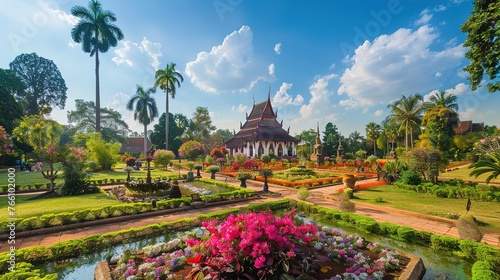A beautiful view of flowers garden in Buddha Park located in Vientiane Laos Generative ai