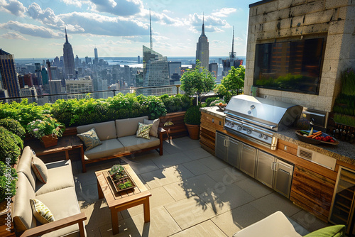 A rooftop terrace designed for entertainment, with a built-in barbecue grill, outdoor seating, and lush greenery,