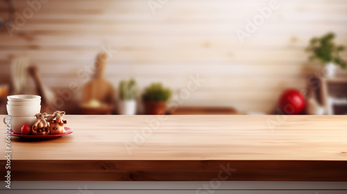 Wooden table foreground with the blurred kitchen interior background