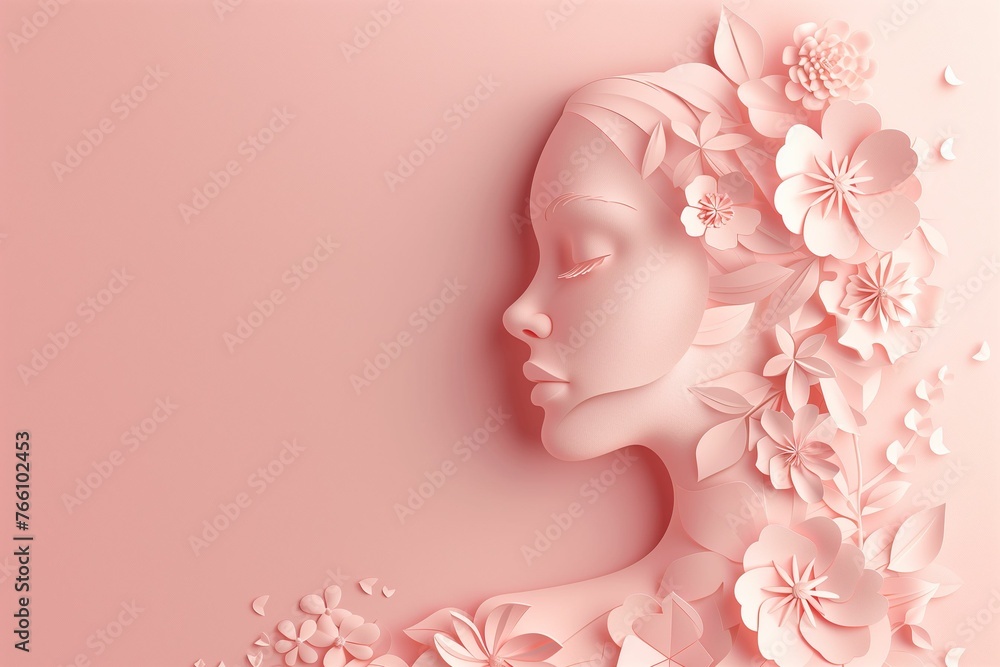 Floral Paper Art Style Female Profile, Pink Shades, Elegant Beauty Concept with Copy Space