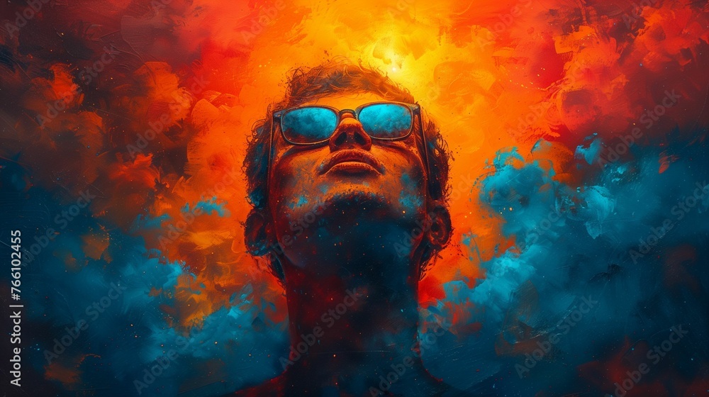 Intense Man in Sunglasses, Vivid Orange and Blue, Abstract Portrait with Copy Space Intense Man in Sunglasses, Vivid Orange and Blue, Abstract Portrait with Copy Space
