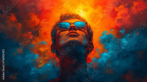 Intense Man in Sunglasses, Vivid Orange and Blue, Abstract Portrait with Copy Space