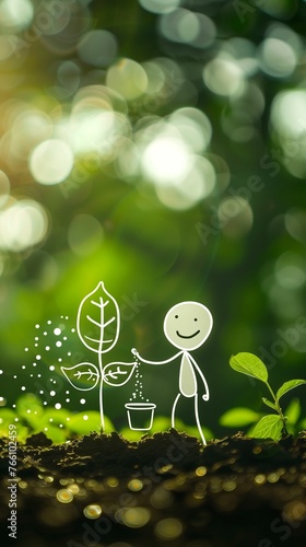 Smiling Stick Figure Watering a Young Plant Under Magical Bokeh Lights with Copy Space