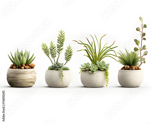 Set of green plant pots With leaves and flowers. Vector. Realistic illustration. lonely shadow on a white background