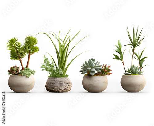 Set of green plant pots With leaves and flowers. Vector. Realistic illustration. lonely shadow on a white background