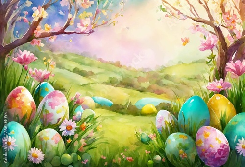 painted delicate background, painted eggs, tree branches, pink sky and flowers